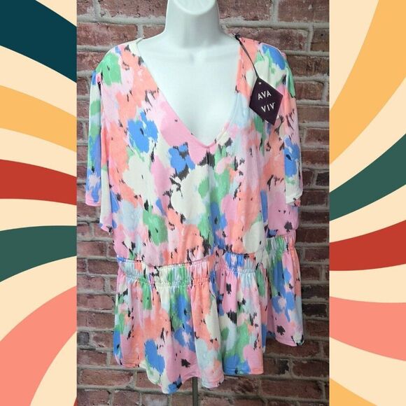 Ava & Viv Pink Floral Cinch Waist Top 3X V Neck Flutter Sleeve Lightweight Knit - Picture 1 of 6